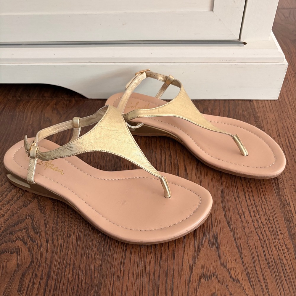 Cole Haan Air Tali Sandals 7 Metallic Gold T-Strap Nike Air Wedge D32382 Leather